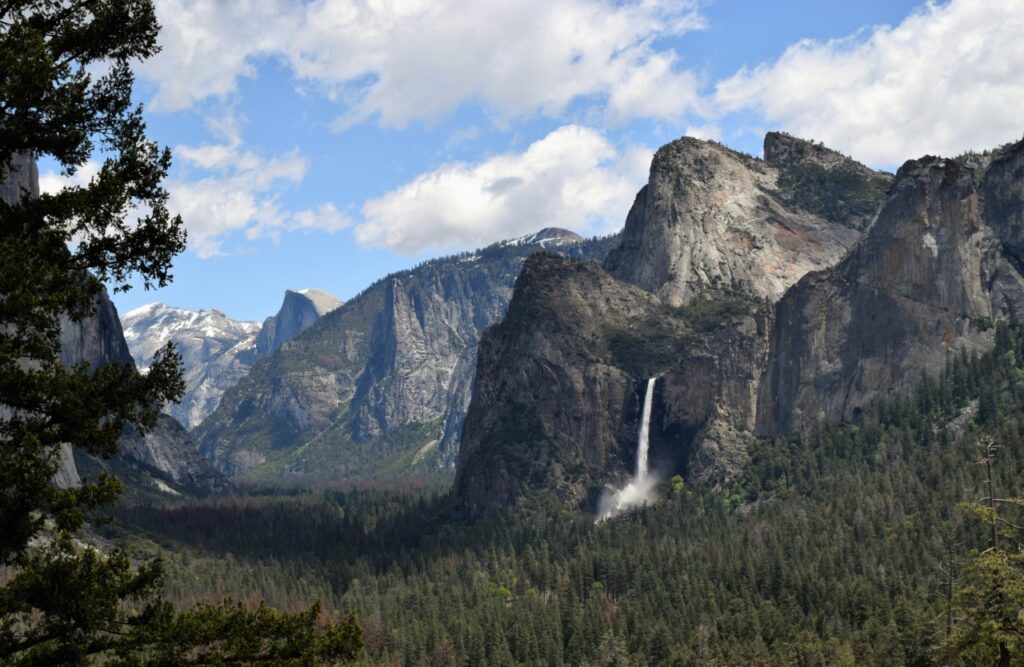 A view of Yosemite National Park across the valley to see Half Dome and Bridalveil Fall.